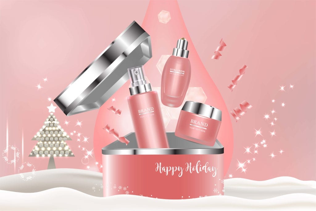 example of seasonal branding with pink make up brand on holiday background