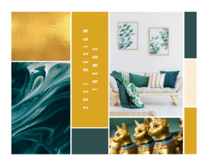 2021 graphic Design trends of tidewater green and fortuna gold